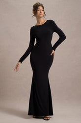 Black Long-Sleeve Cowl-Back Maxi Dress With Bows